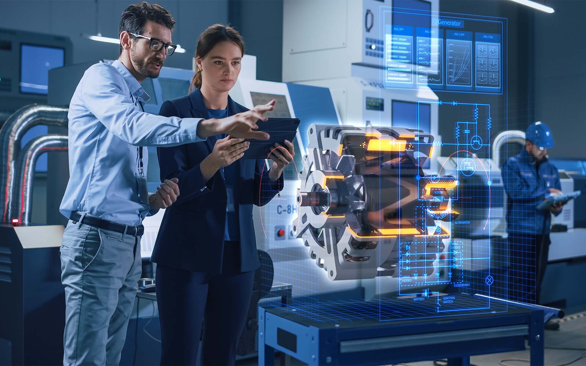 Two engineers exploring a 3D machine model through an augmented-reality training session