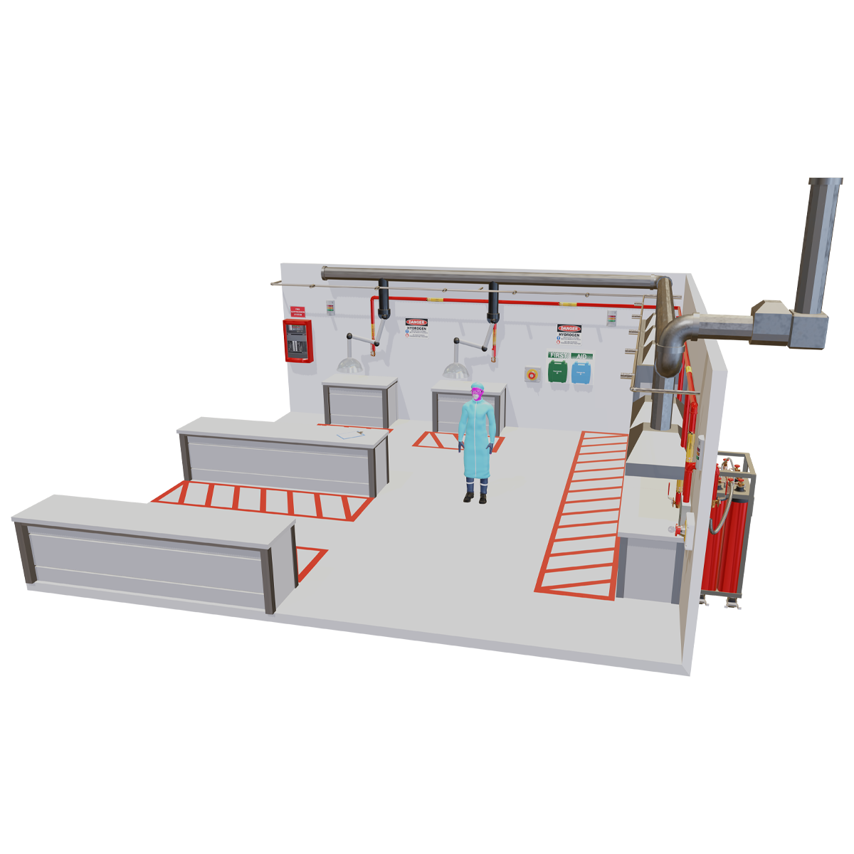 3D model of a hydrogen training facility with safety walkways and first-aid points