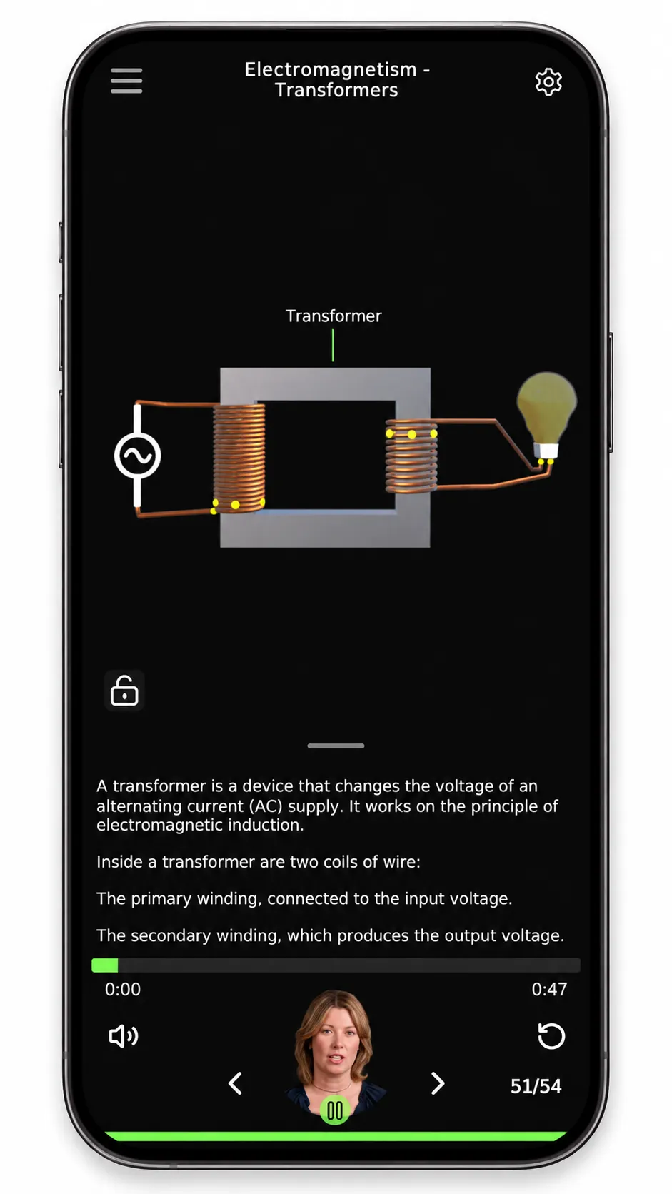Verciti immersive mobile learning app showing an interactive 3D transformer lesson